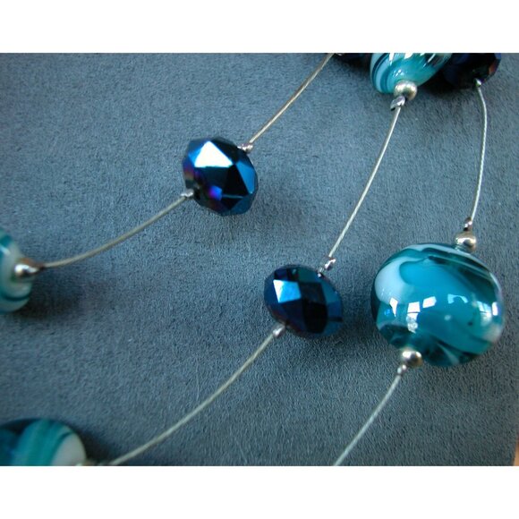 Multilayered Teal & Blue Crystal Bead Necklace With Adjustable Chain - Picture 3 of 4